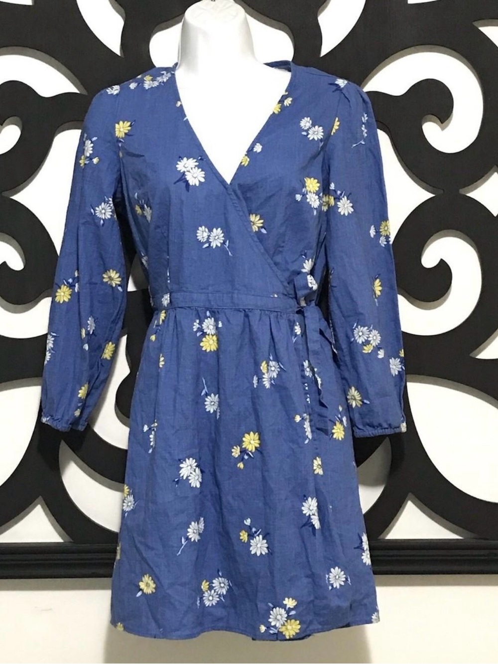 Old Navy Blue Floral Wrap-Style Long Sleeve Dress
